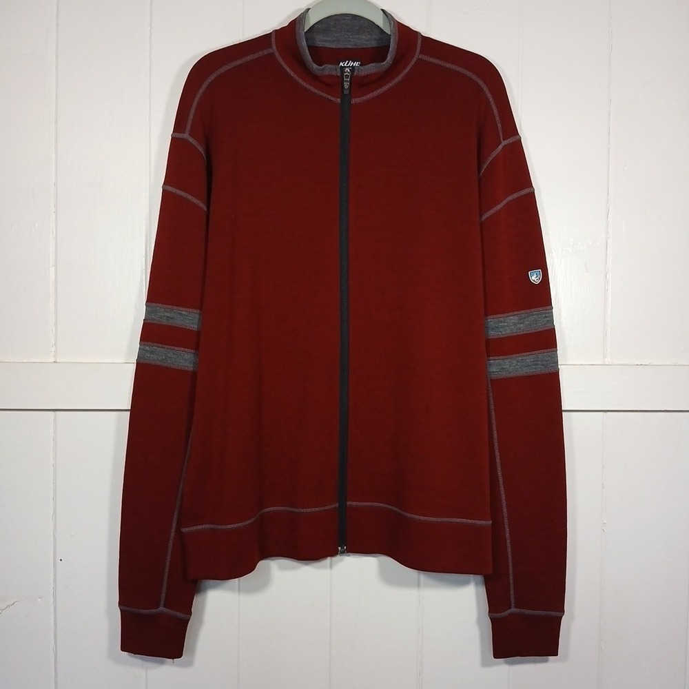 Kuhl Sweater 100% Merino Wool Full Zip Mock Striped Knit Men's XL Maroon Red LS*